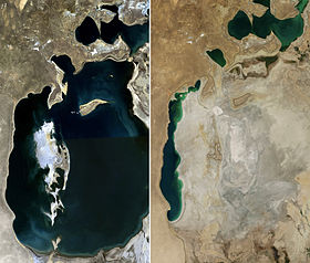 Mer d'Aral - différence entre 1989 et 2014, il y avait énormément d'eau avant et maintenant il n'y a plus rien pour faire pousser plus de cotons 